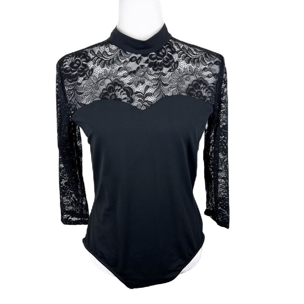 Dance Elite Bodysuit Women Extra Large Black Lace Sleeve Sweetheart Collar